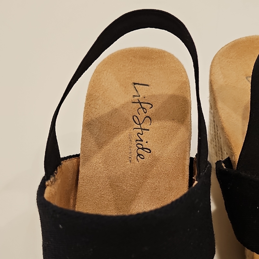 Life Stride Delra Black Elastic Strap Wedge Sandals with Tan Footbed Size 8.5 - Picture 3 of 14